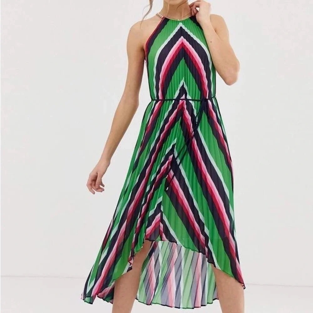 Ted Baker Shannah Dress Womens 3 Green Excellent Pleated Chevron High-Low Halter